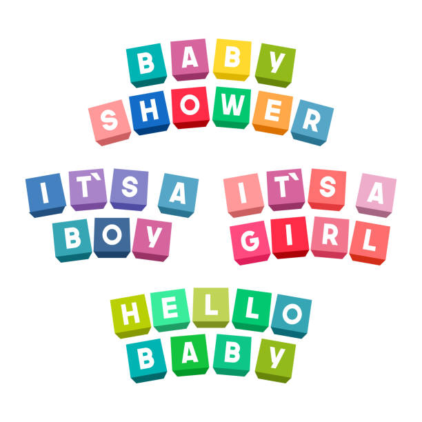 illustrations, cliparts, dessins animés et icônes de lettrage de douche de bébé sur les briques de jouet coloré - bébé cubes