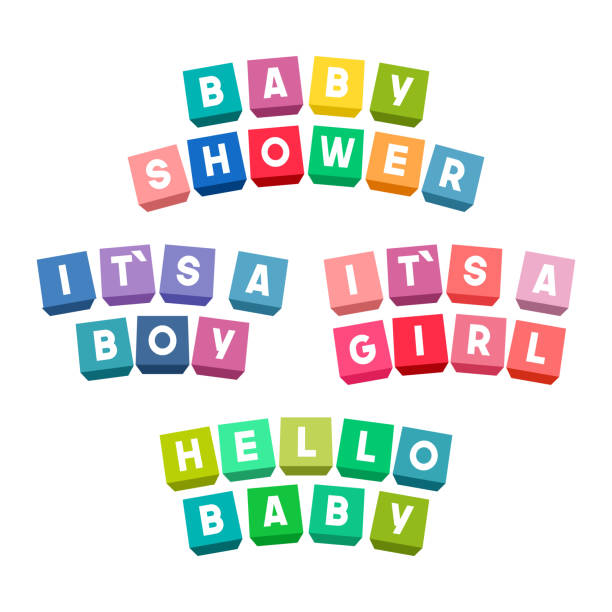 ilustrações de stock, clip art, desenhos animados e ícones de baby shower lettering on colorful toy bricks - baby congratulating toy birthday