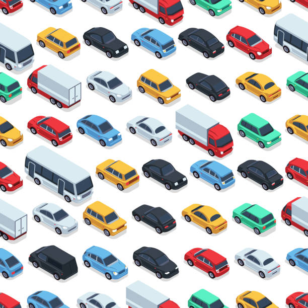 ilustraciones, imágenes clip art, dibujos animados e iconos de stock de textura transparente de coches urbanos. fondo de vector. coches isométricos - transporte terrestre