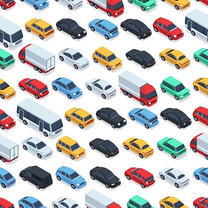 istock Urban cars seamless texture. Vector background. Isometric cars 886561588