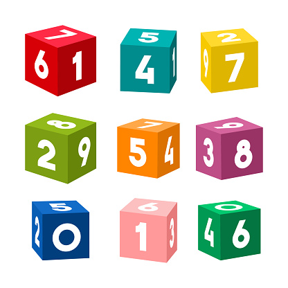 Set of colorful toy bricks with numbers. Single vector cubes isolated on white background.