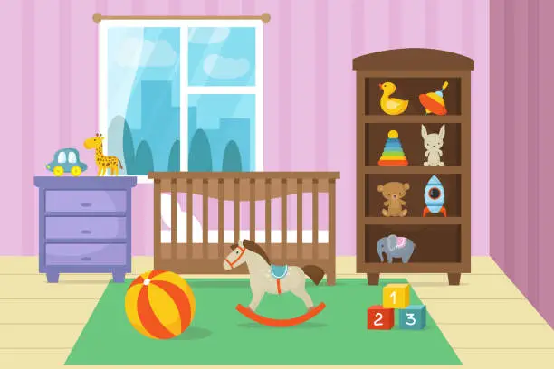 Vector illustration of Cartoon childrens room interior with kid toys vector illustration
