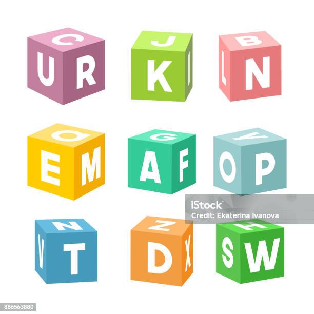 Set Of Colorful Toy Bricks With Letters Vector Stock Illustration - Download Image Now - Toy Block, Block Shape, Cube Shape