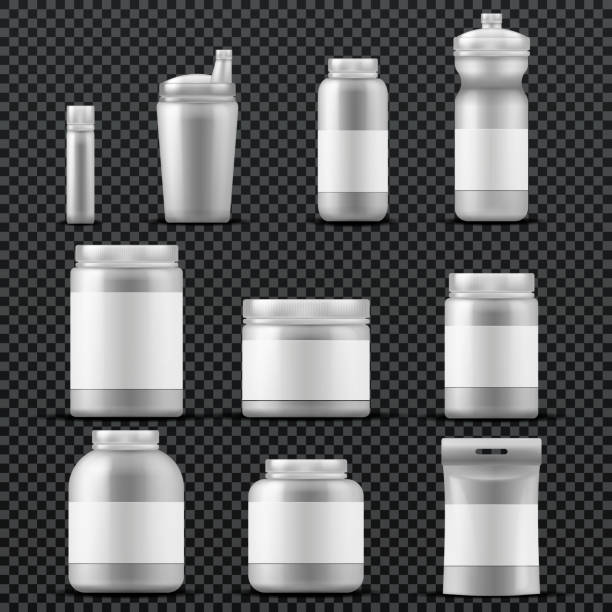 Sport supplement plastic jar containers for drinks and powder. Vector templates isolated Sport supplement plastic jar containers for drinks and powder. Vector templates isolated. Sport nutrition packaging, container with sport supplement for bodybuilding illustration protein powder bottle stock illustrations