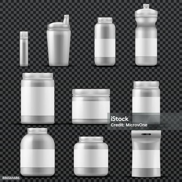 Realistic Sport Nutrition Packaging Protein Powder White Containers Mockup  Training And Supplements Plastic Cans And Bags Workout Food Vitamins And  Energy Drinks Vector 3d Isolated Set Stock Illustration - Download Image  Now 