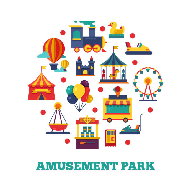 парк развлечений иконы круглая концепция - carnival park clip art wheel stock illustrations