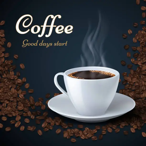 Vector illustration of Aroma coffee beans and cup of hot coffee. Product ads vector background