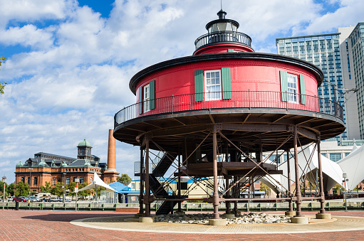 Historic Sevent Foot Knoll Lighthouse in Batimore, MD, on a Sunny Autumn Day.