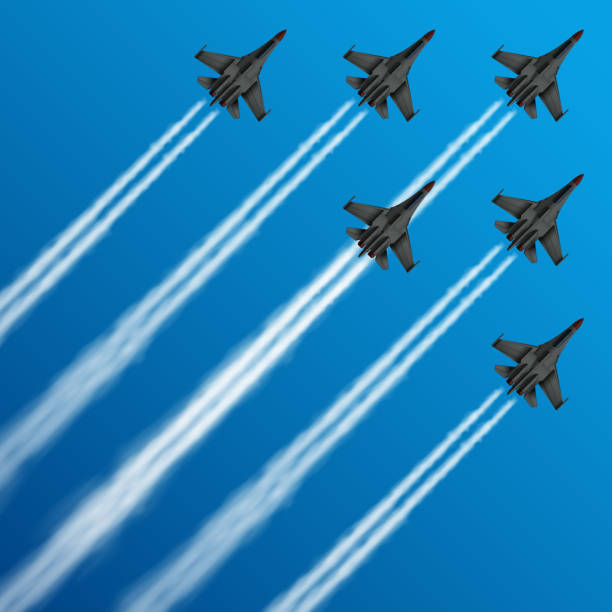 ilustrações, clipart, desenhos animados e ícones de jatos de combate militar com trilhas de condensação em ilustração vetorial de céu - airshow