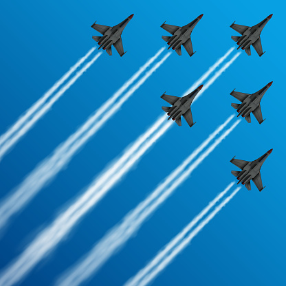 Military fighter jets with condensation trails in sky vector illustration. air, plane, military, show, flight, trail, sky, performance, Airplane army, fighter on airshow