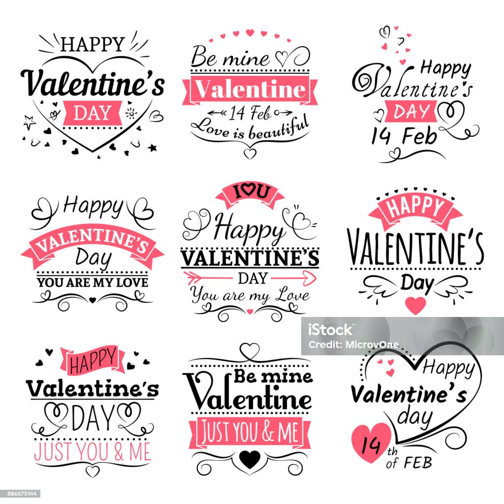 Valentin typographie, des bannières de ruban et des éléments de décoration vector ensemble - clipart vectoriel de Saint Valentin libre de droits