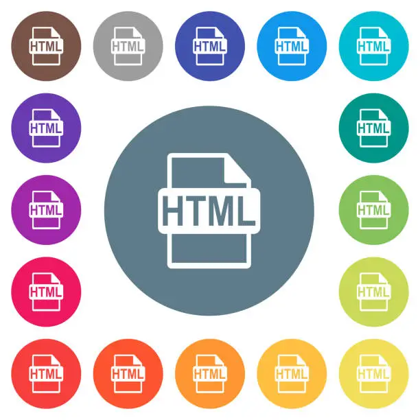 Vector illustration of HTML file format flat white icons on round color backgrounds