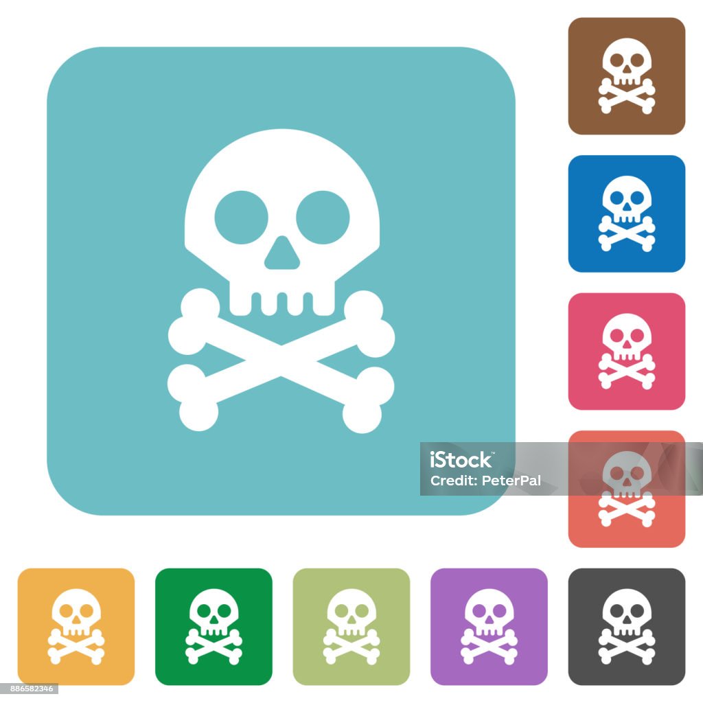 Skull with bones rounded square flat icons Skull with bones white flat icons on color rounded square backgrounds Poisonous stock vector