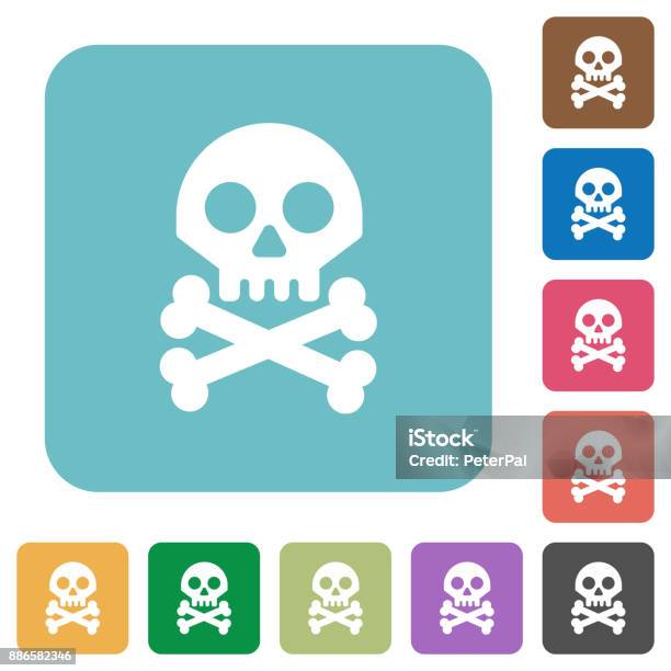 Skull With Bones Rounded Square Flat Icons Stock Illustration - Download Image Now - Poisonous, Bent, Blue