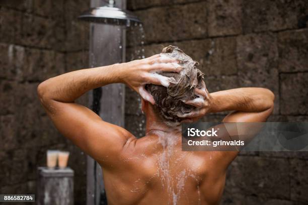 Man Washing Hair In Shower Stock Photo - Download Image Now - Men, Shower, Hair