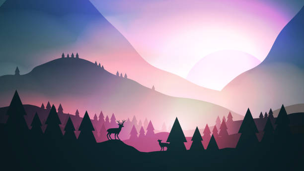 istock Sunset or Dawn Over Mountains with Stag on Hill Top Pine Forest Landscape - Vector Illustration 886595370