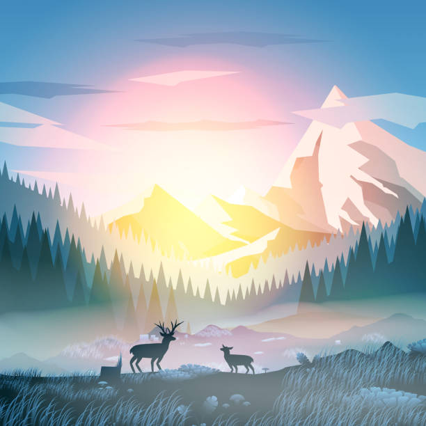 istock Sunset or Dawn Over Mountains with Stag on Hill Top Pine Forest Landscape - Vector Illustration 886595524