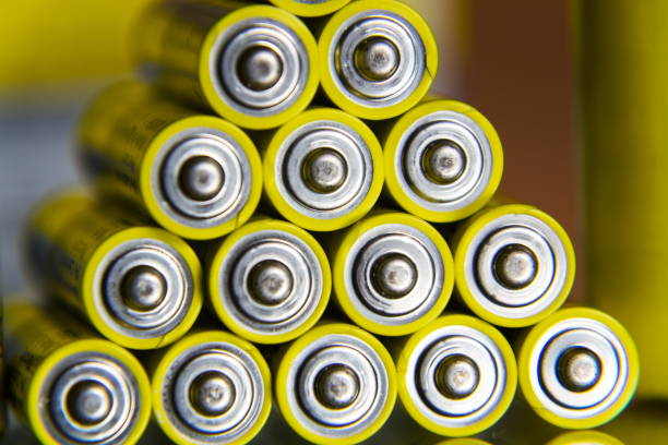 istock Stack of yellow AA batteries close up abstract coloured background 886600562