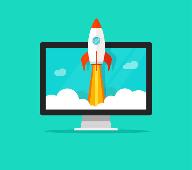 Startup vector concept, flat cartoon quick rocket launch and computer or desktop pc, idea of successful business project start up, boost technology, innovation strategy Startup vector concept, flat cartoon style quick rocket launch and computer or desktop pc, idea of successful business project start up, boost technology, innovation strategy kick off stock illustrations