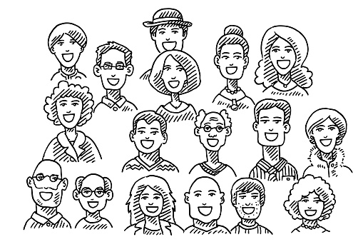 Hand-drawn vector drawing of a Group Of People, Faces. Black-and-White sketch on a transparent background (.eps-file). Included files are EPS (v10) and Hi-Res JPG.