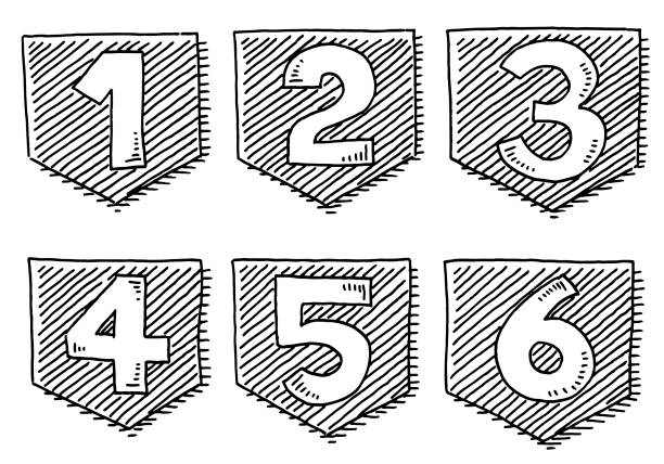 ilustrações de stock, clip art, desenhos animados e ícones de number stickers from 1 to 6 drawing - isolated on white white background six objects group of objects