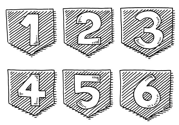 Number Stickers From 1 To 6 Drawing Hand-drawn vector drawing of Number Stickers From 1 To 6. Black-and-White sketch on a transparent background (.eps-file). Included files are EPS (v10) and Hi-Res JPG. number 2 illustrations stock illustrations