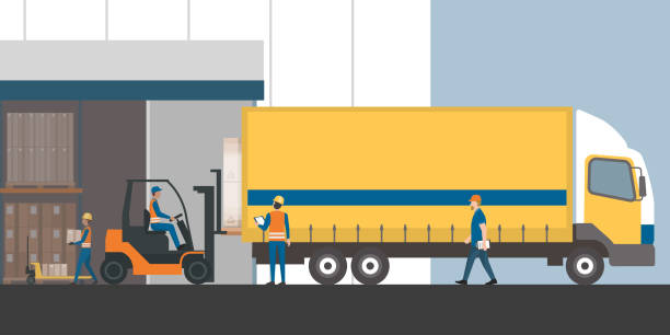 Freight shipment and warehousing Workers loading the truck with packed goods at the industrial warehouse with a forklift truck: freight transportation, shipment and logistics truck driver stock illustrations