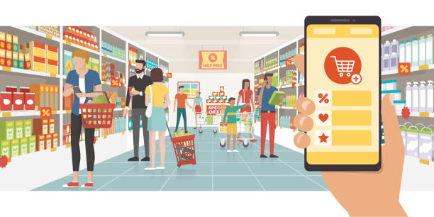 Grocery shopping app Grocery shopping app on a smartphone and people buying products at the supermarket, technology and commerce concept discount store illustrations stock illustrations
