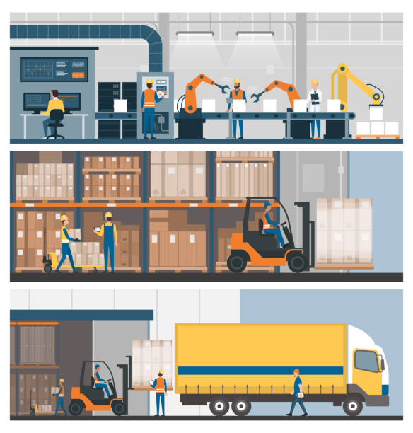 Industrial production, warehousing and logistics Smart factory, warehouse, freight transportation and professional workers, banner set warehouse stock illustrations