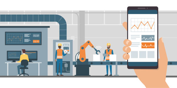Industry 4.0 and monitoring app Industry 4.0 monitoring app on a smartphone and smart automated production line with workers and robots on the background engineering illustrations stock illustrations