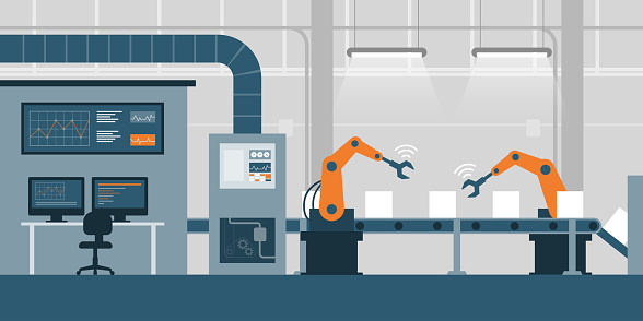 Efficient smart factory with robots, computers and assembly line: industry 4.0 concept