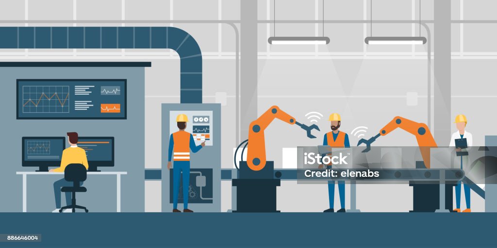 Smart factory and production line Efficient smart factory with workers, robots and assembly line, industry 4.0 and technology concept Factory stock vector