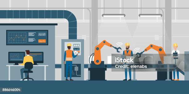 Smart Factory And Production Line Stock Illustration - Download Image Now - Factory, Manufacturing, Blue-collar Worker