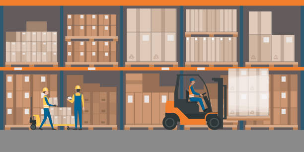 Warehouse interior with goods and pallet trucks Warehouse interior with goods, pallet trucks and industrial workers warehouse stock illustrations