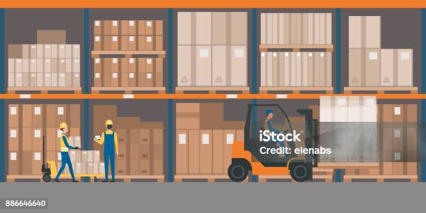 Warehouse Interior With Goods And Pallet Trucks Stock Illustration - Download Image Now - Warehouse, Storage Room, Shelf