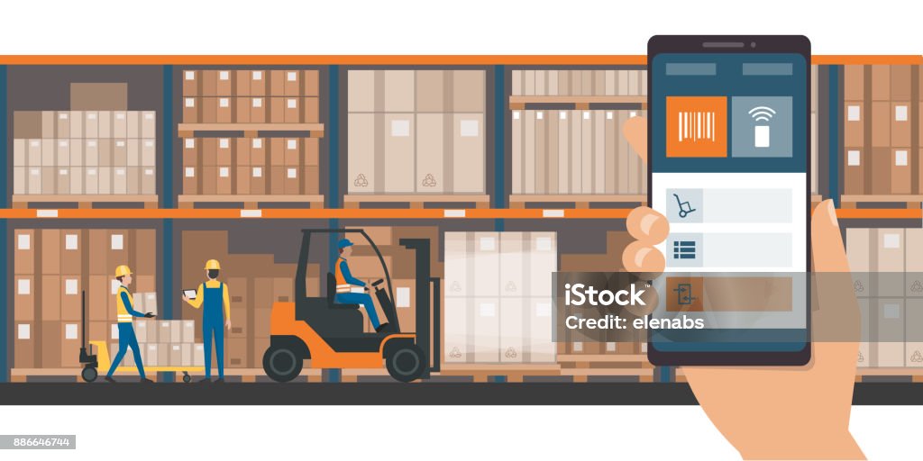 Warehousing and storage app Warehousing and storage app on a smartphone, goods and boxes on shelves in the warehouse and team of workers Warehouse stock vector