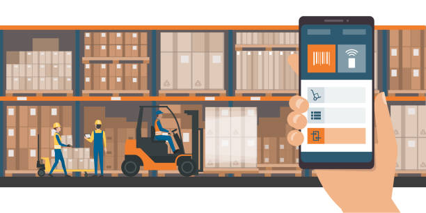 Warehousing and storage app Warehousing and storage app on a smartphone, goods and boxes on shelves in the warehouse and team of workers storage device stock illustrations