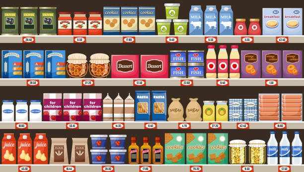 ilustrações de stock, clip art, desenhos animados e ícones de supermarket, shelves with products and drinks - supermercado
