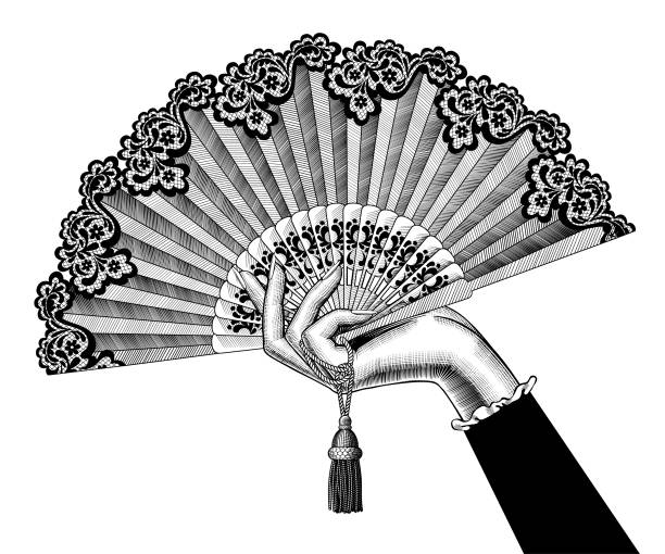 ilustraciones, imágenes clip art, dibujos animados e iconos de stock de mano femenina con ventilador abierto - women open traditional culture human hand