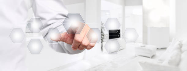 istock smart home automation hand touch screen with empty symbols on interior room background web banner and copy space template 886653710