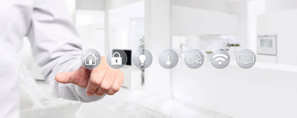 smart home automation hand touch screen with symbols on interior room background web banner and copy space template