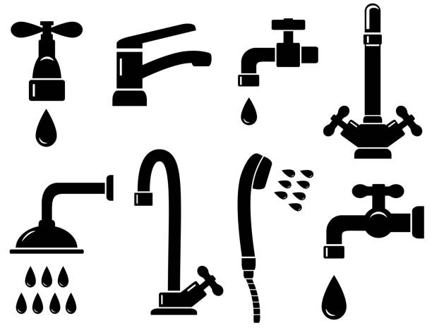 ilustrações de stock, clip art, desenhos animados e ícones de plumbing set with isolated faucet icons - faucet water pipe water symbol