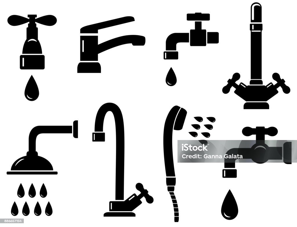 plumbing set with isolated faucet icons plumbing set with isolated faucet icons on white background Faucet stock vector