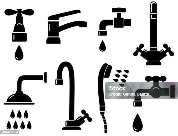 Plumbing Set With Isolated Faucet Icons Stock Illustration - Download Image Now - Faucet, Icon Symbol, Kitchen