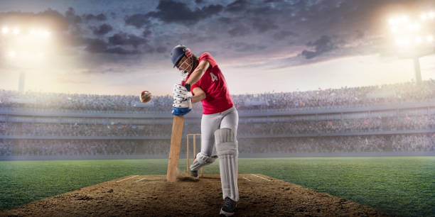 istock Cricket female batsman on a professional arena 886657188