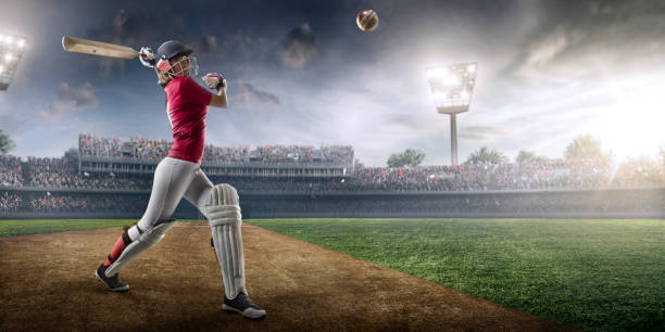 istock Cricket female batsman on a professional arena 886657268