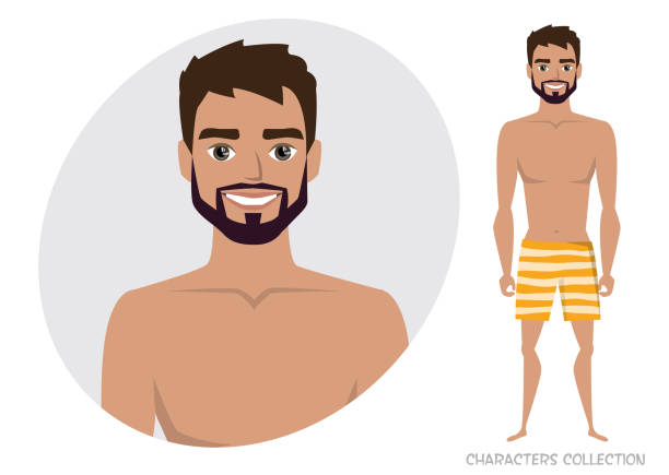 Stylish man in a beach swimming trunks. Stylish young man in a beach swimming trunks. menique lagoon stock illustrations