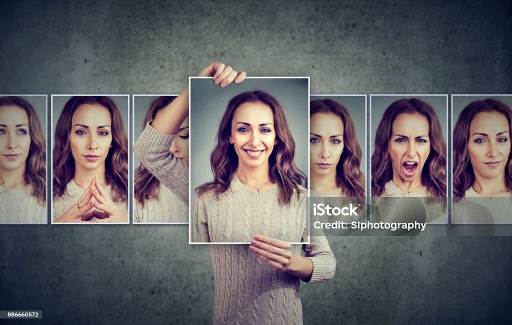 Maskierte Frau verschiedene Emotionen auszudrücken - Lizenzfrei Stimmungsschwankung Stock-Foto