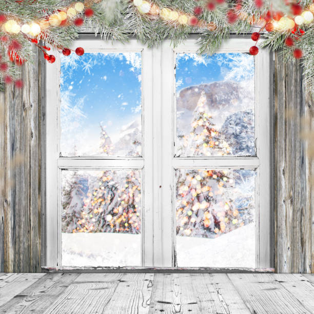 istock Christmas old white window with decorations 886664300