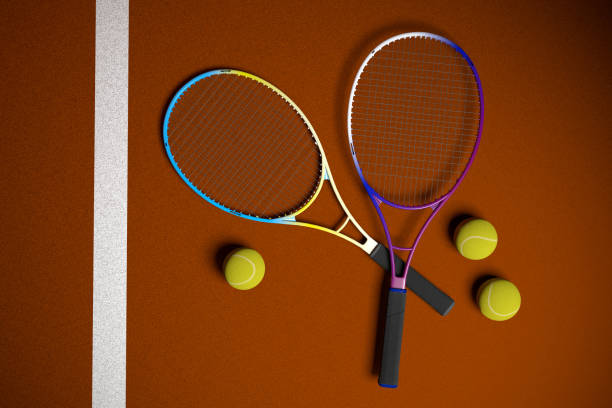 istock Tennis ball and racket on the cort 3d render 886667046